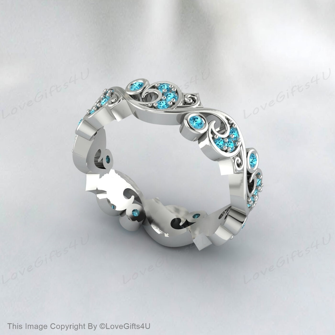 Full Eternity Leaf Vine Natural Blue Zircon Ring Vintage Wedding Band