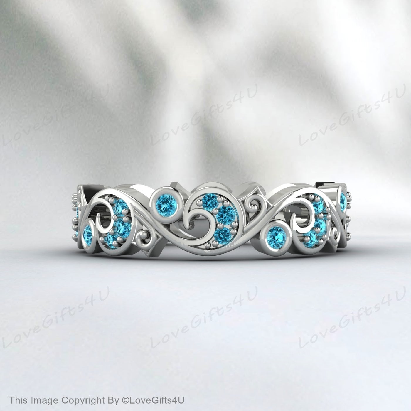 Full Eternity Leaf Vine Natural Blue Zircon Ring Vintage Wedding Band