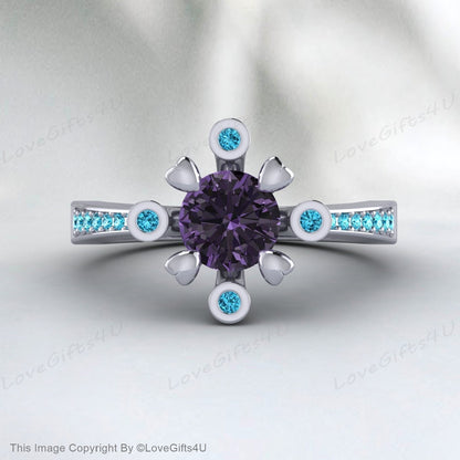 Bague avec pierre de naissance de février en forme de cœur avec améthyste violette et zircon bleu