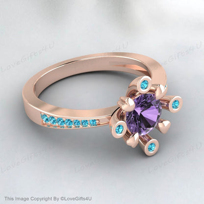 Bague avec pierre de naissance de février en forme de cœur avec améthyste violette et zircon bleu