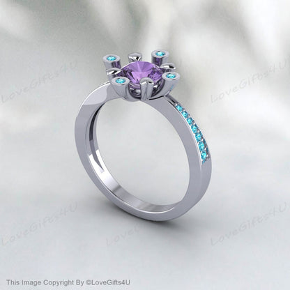 Purple Amethyst Heart Shaped Blue Zircon February Birthstone Ring