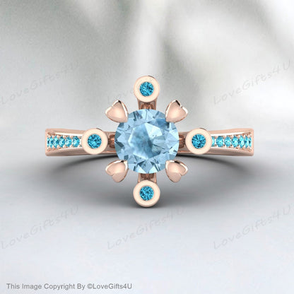 Natural Aquamarine Ring March Birthstone Round Cut Blue Diamond Ring