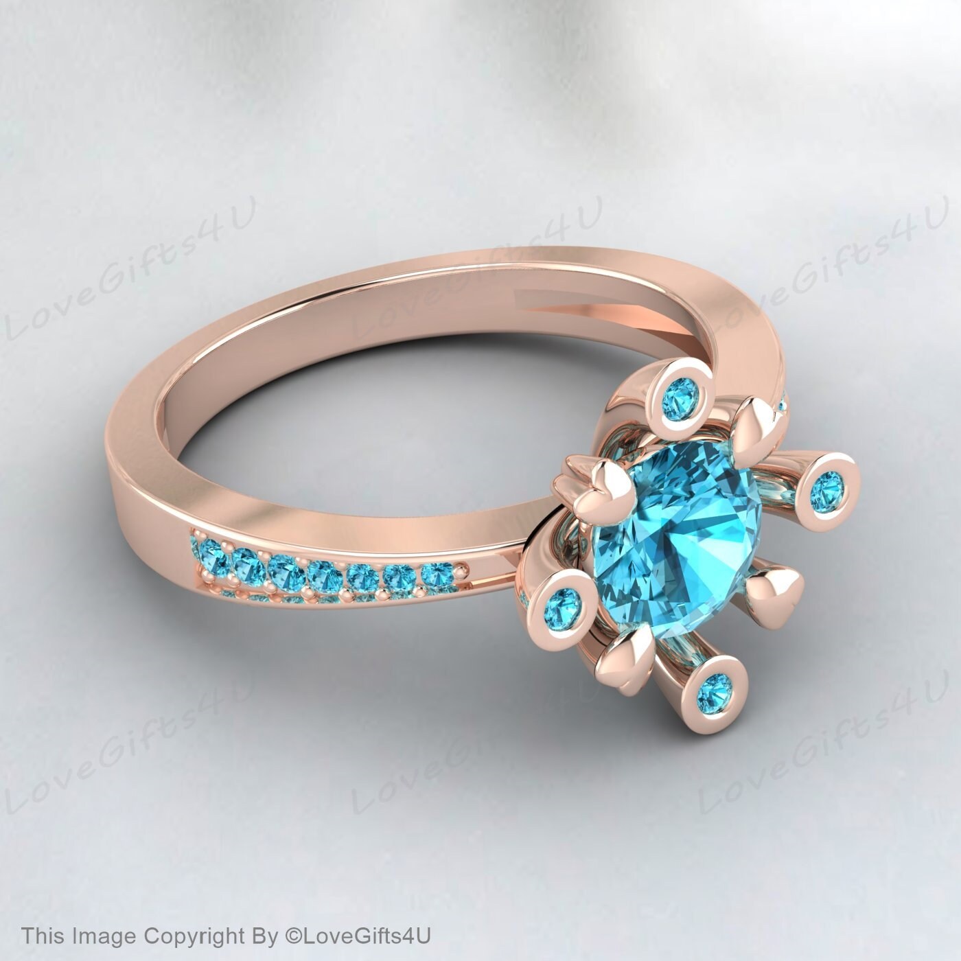 Blue Zircon Diamond Ring December Birthstone Engagement Wedding Ring