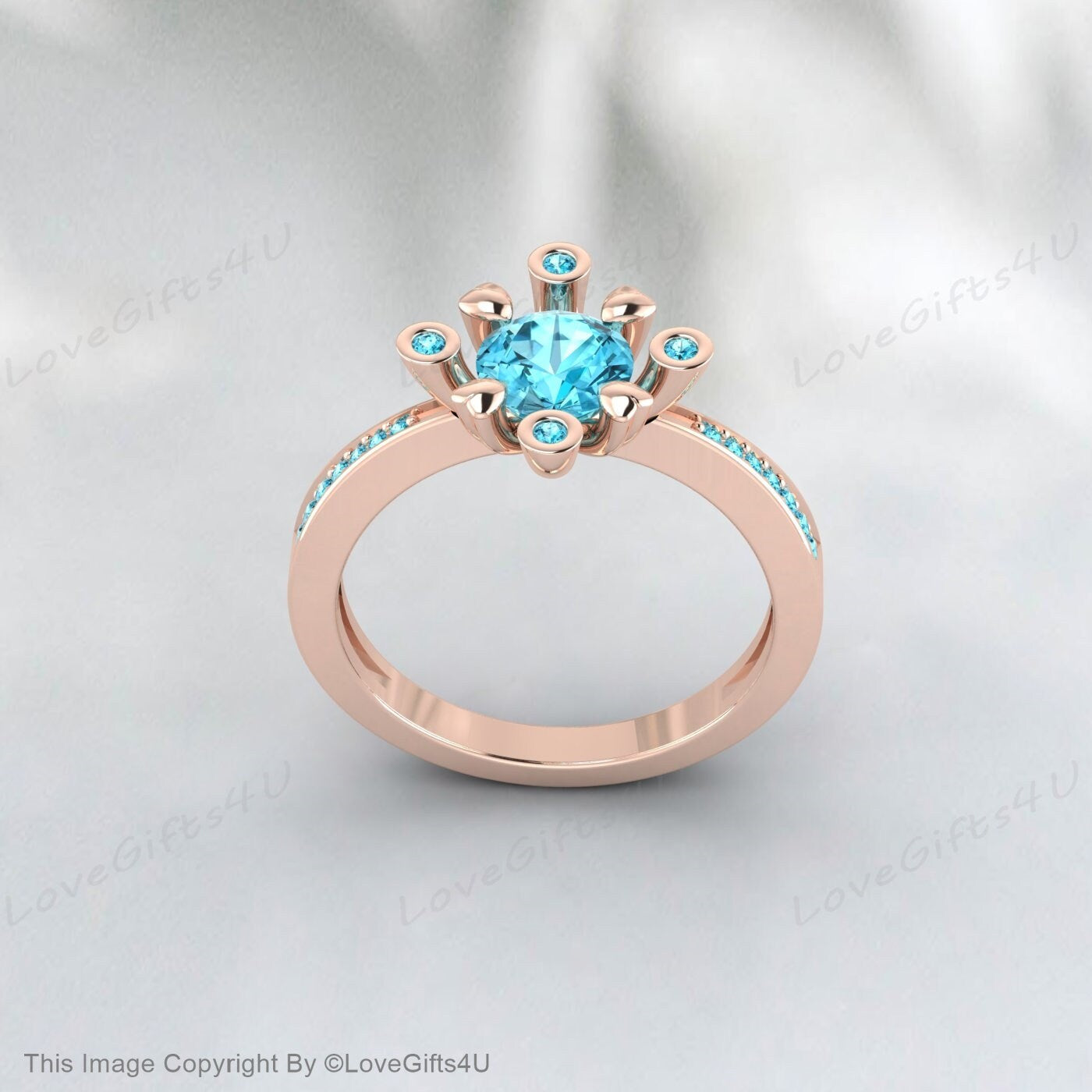 Blue Zircon Diamond Ring December Birthstone Engagement Wedding Ring