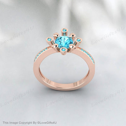 Blue Zircon Diamond Ring December Birthstone Engagement Wedding Ring