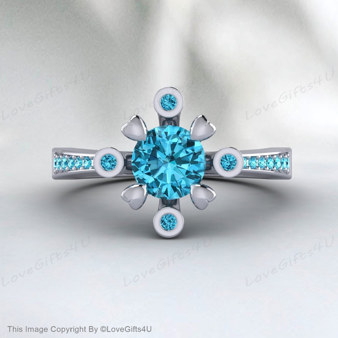 Blue Zircon Diamond Ring December Birthstone Engagement Wedding Ring