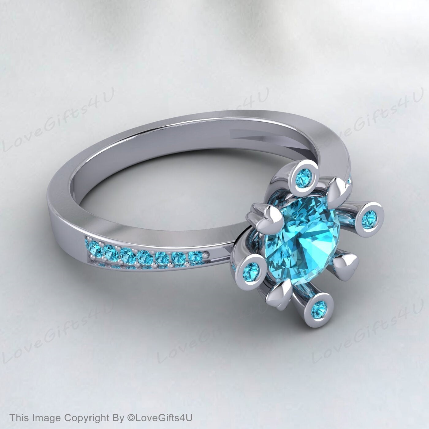 Blue Zircon Diamond Ring December Birthstone Engagement Wedding Ring