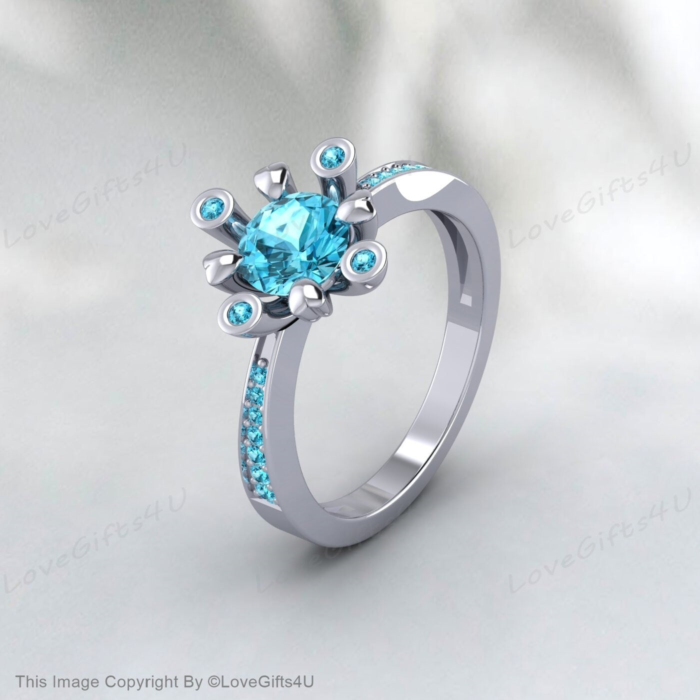 Blue Zircon Diamond Ring December Birthstone Engagement Wedding Ring