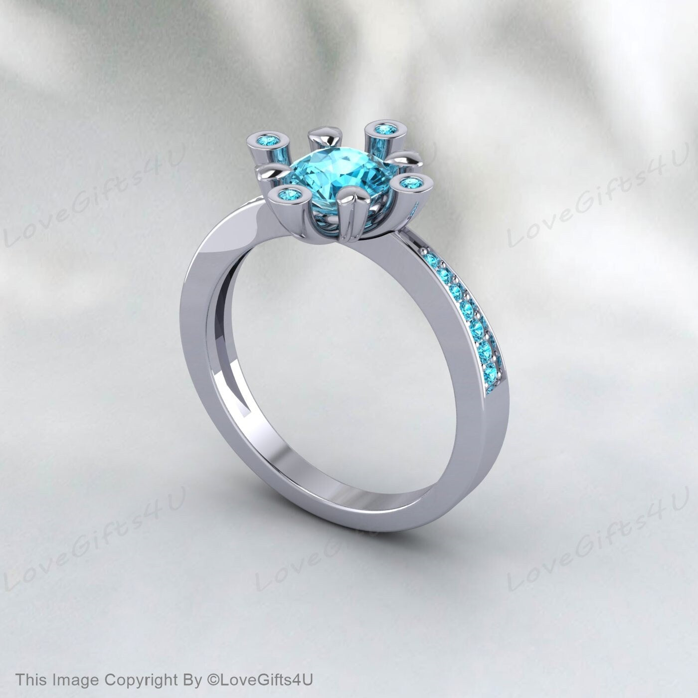 Blue Zircon Diamond Ring December Birthstone Engagement Wedding Ring