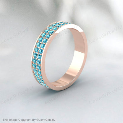 Bande d’anniversaire de diamant bleu, bague de diamant pavée à 2 rangées, petite bague de pierres précieuses taillées en brillant, empilage, pierre de naissance d’avril, cadeau de mariée en argent 925