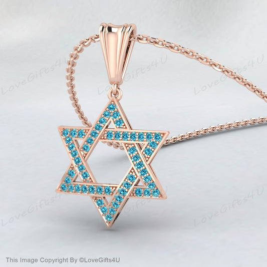 David Star Necklace Women, Gold Star Of David Necklace, Gift for Bat Mitzvah, Blue Diamond Star Of David Pendant, Unisex April Birthstone