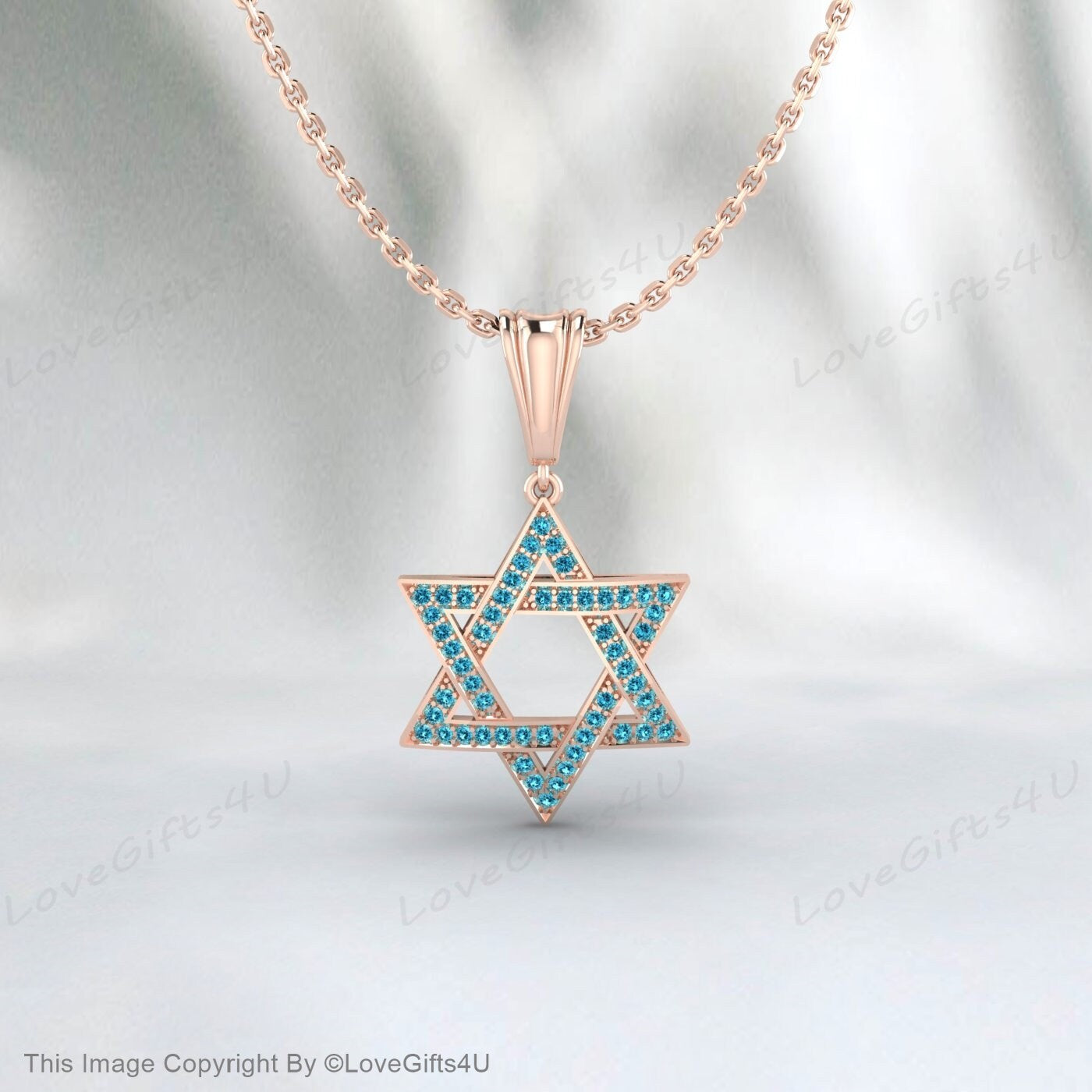 David Star Necklace Women, Gold Star Of David Necklace, Gift for Bat Mitzvah, Blue Diamond Star Of David Pendant, Unisex April Birthstone