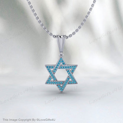 David Star Necklace Women, Gold Star Of David Necklace, Gift for Bat Mitzvah, Blue Diamond Star Of David Pendant, Unisex April Birthstone