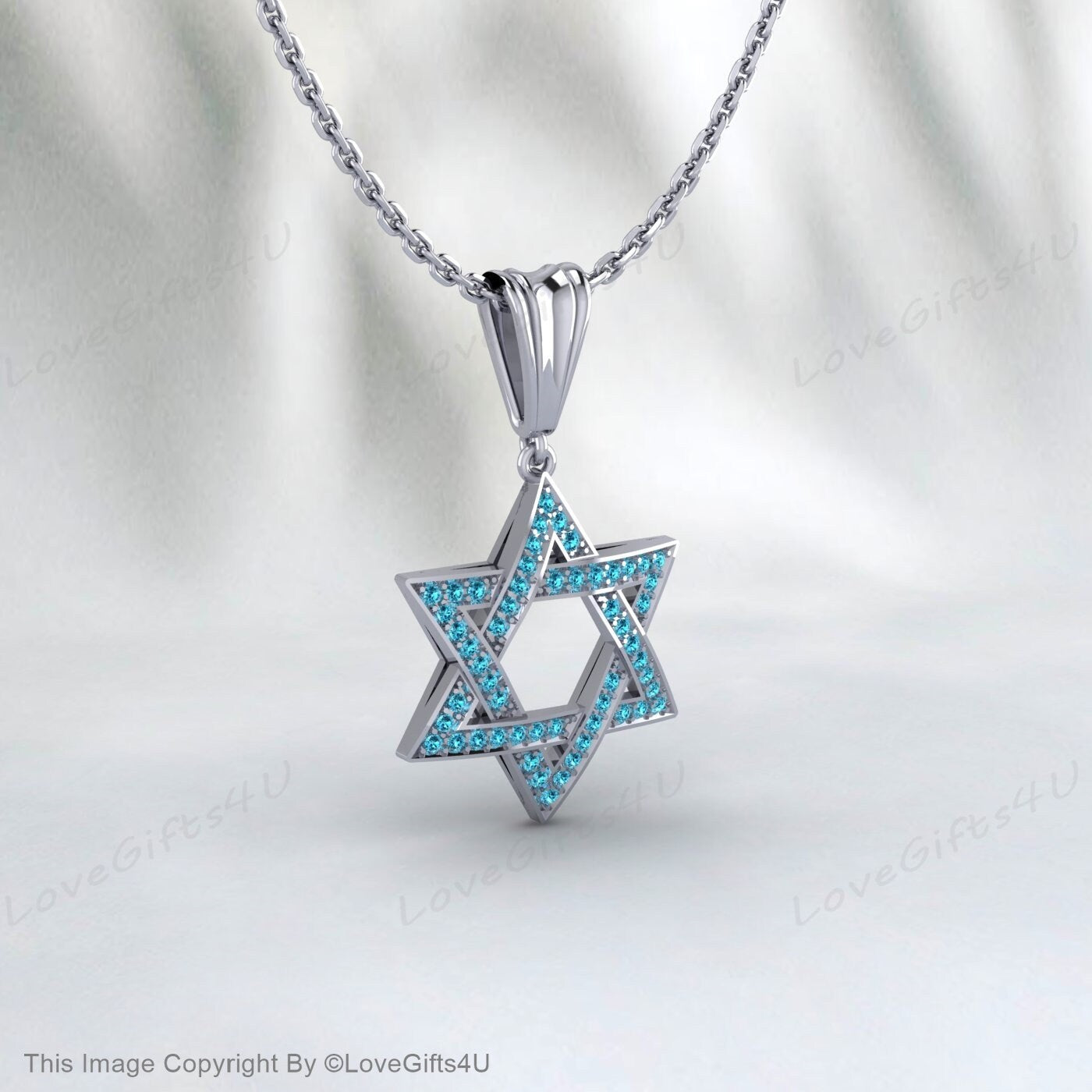 David Star Necklace Women, Gold Star Of David Necklace, Gift for Bat Mitzvah, Blue Diamond Star Of David Pendant, Unisex April Birthstone