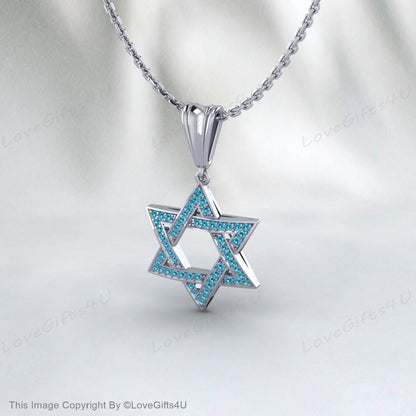 David Star Necklace Women, Gold Star Of David Necklace, Gift for Bat Mitzvah, Blue Diamond Star Of David Pendant, Unisex April Birthstone