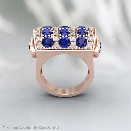 Blue Sapphire Engagement Ring, 14k Solid Rose Gold Ring, Blue Gemstone Ring, Vintage Sapphire Ring, Round Cut Zircon Ring, Ring For Her