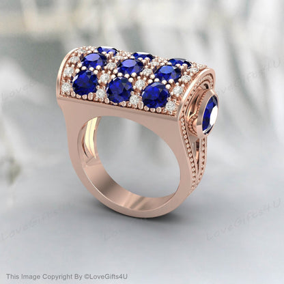 Bague de fiançailles en saphir bleu, bague en or rose massif 14 carats, bague en pierre précieuse bleue, bague en saphir vintage, bague en zircon taille ronde, bague pour elle