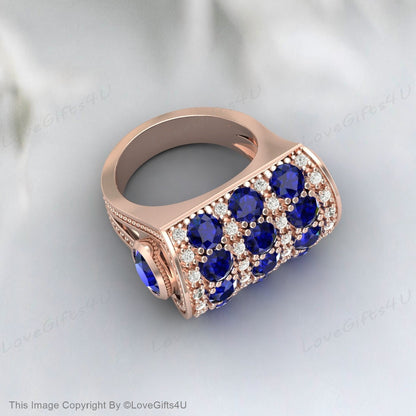 Bague de fiançailles en saphir bleu, bague en or rose massif 14 carats, bague en pierre précieuse bleue, bague en saphir vintage, bague en zircon taille ronde, bague pour elle