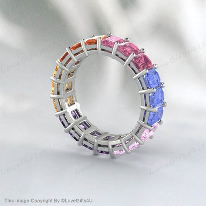 Bague multi-saphir, pierre précieuse naturelle colorée, bande d'éternité complète