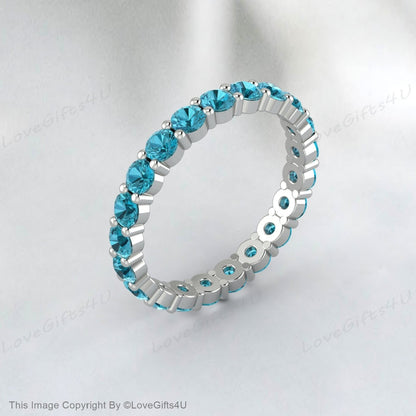 Natural Blue Topaz Eternity Wedding Band Engagement Band Gift For Her