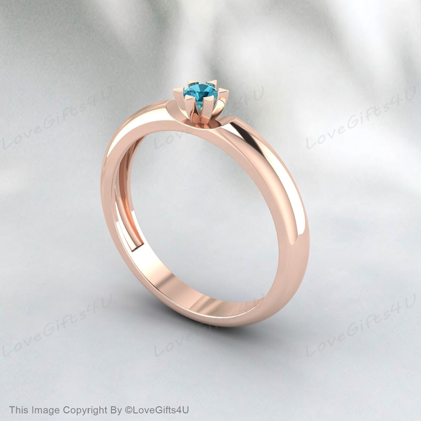 Blue Topaz Ring Round Cut Gemstone November Birthstone Wedding Band