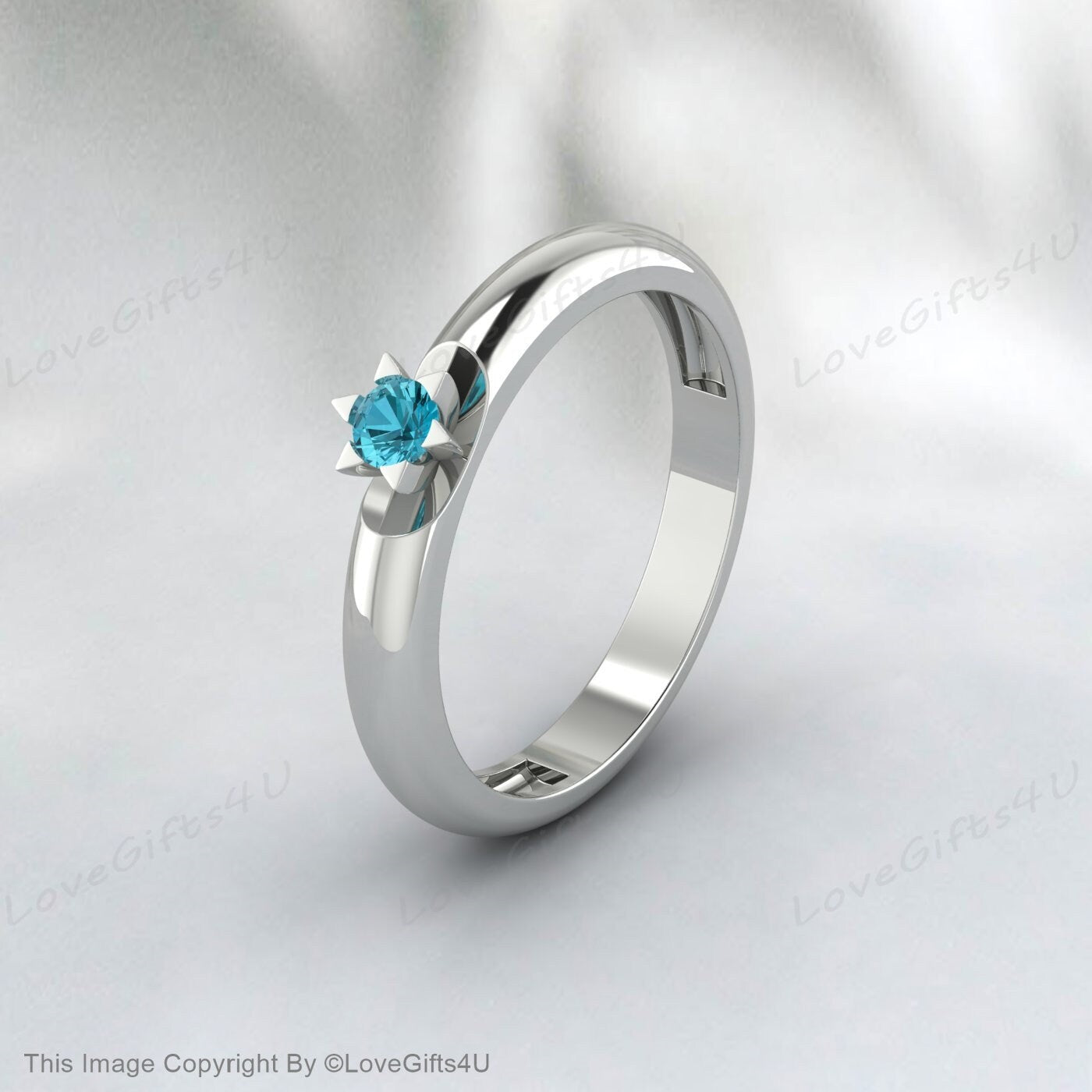 Blue Topaz Ring Round Cut Gemstone November Birthstone Wedding Band