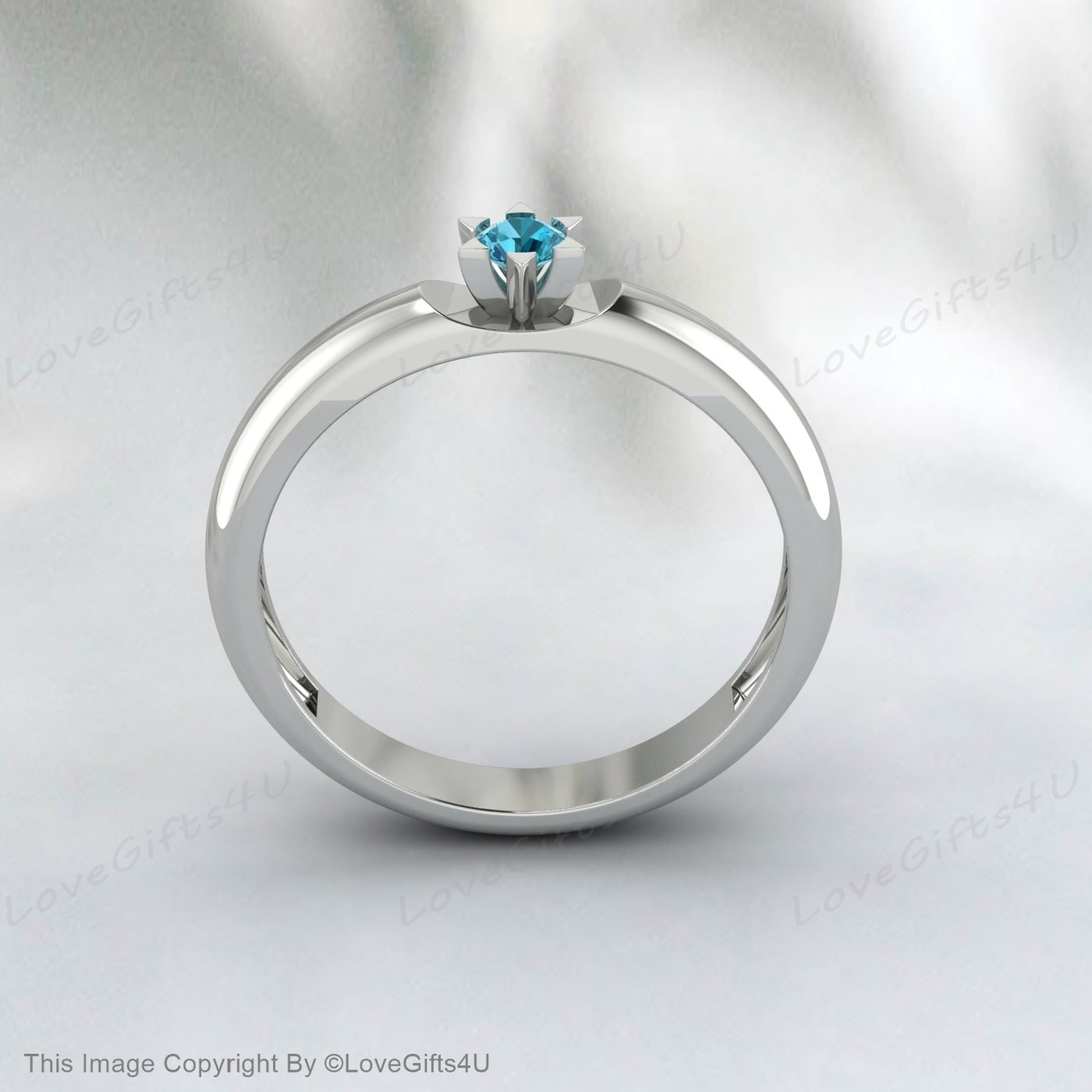 Blue Topaz Ring Round Cut Gemstone November Birthstone Wedding Band