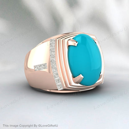 Turquoise Oval Gemstone Silver Men Engraved Ring Anniversary Gifts