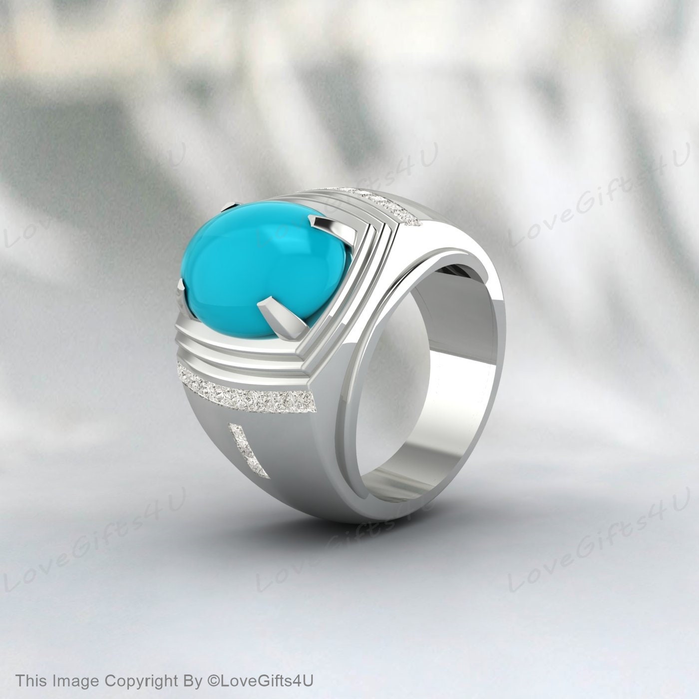 Turquoise Oval Gemstone Silver Men Engraved Ring Anniversary Gifts