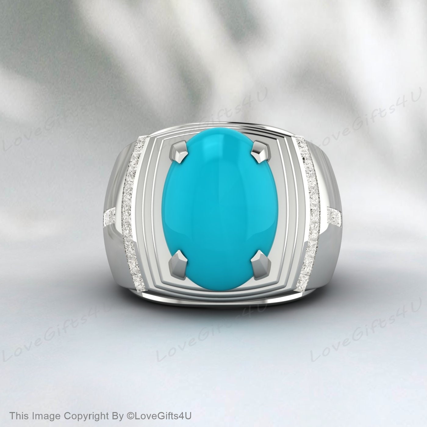 Turquoise Oval Gemstone Silver Men Engraved Ring Anniversary Gifts