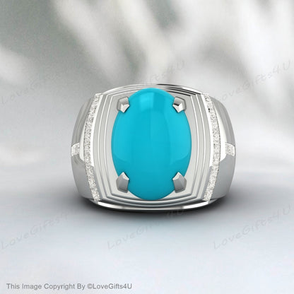 Turquoise Oval Gemstone Silver Men Engraved Ring Anniversary Gifts