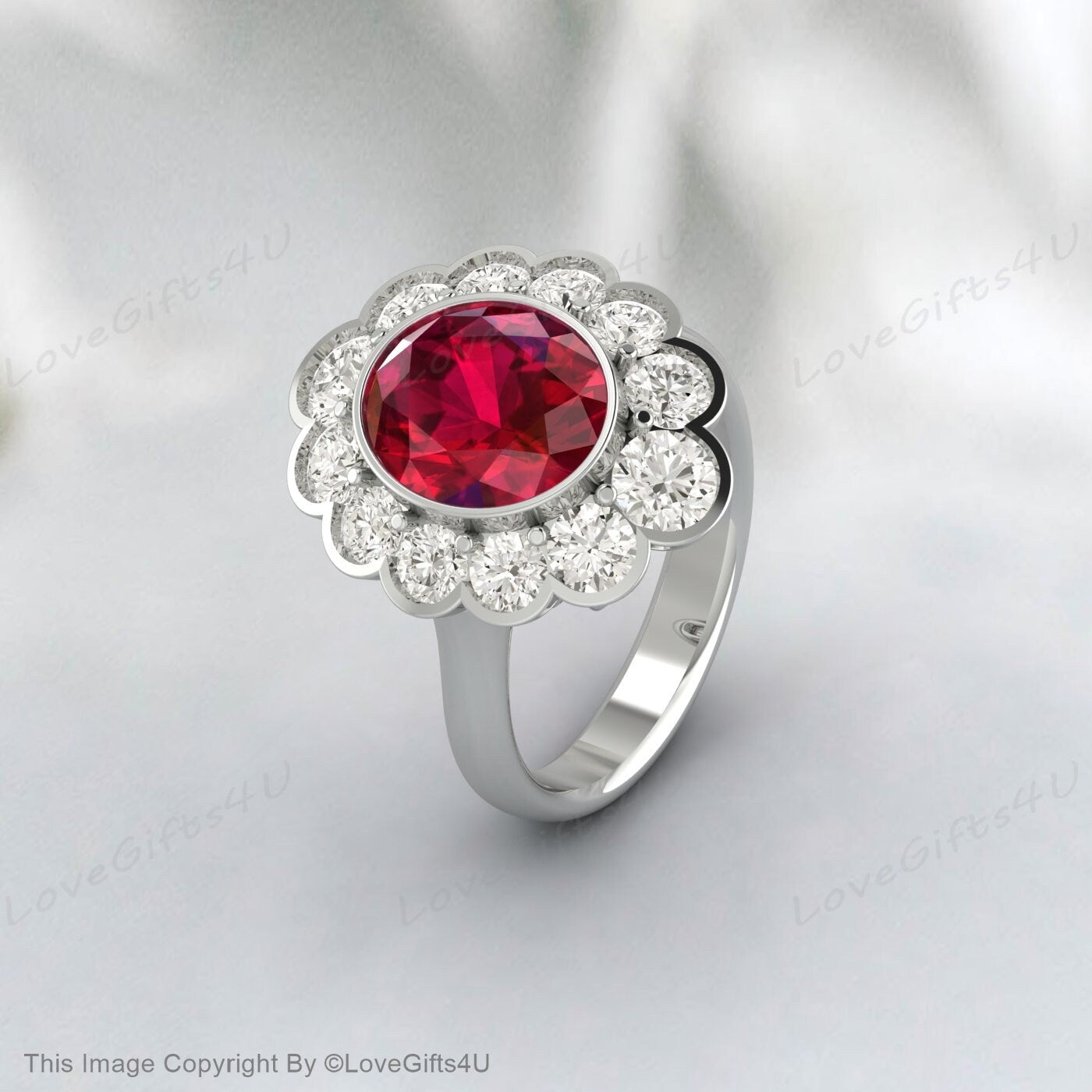 Round Red Ruby Gemstone Wedding Ring Beautiful Moissanite Bridal Ring