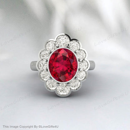 Round Red Ruby Gemstone Wedding Ring Beautiful Moissanite Bridal Ring