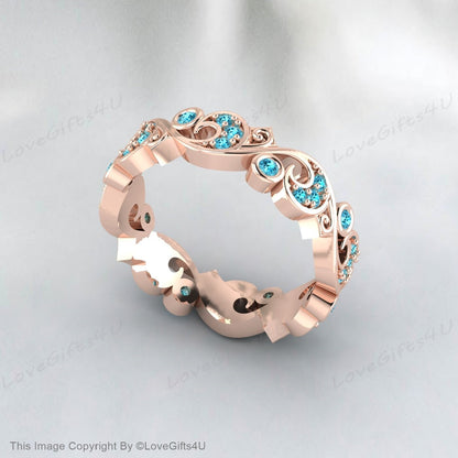 Full Eternity Leaf Vine Natural Blue Zircon Ring Vintage Wedding Band