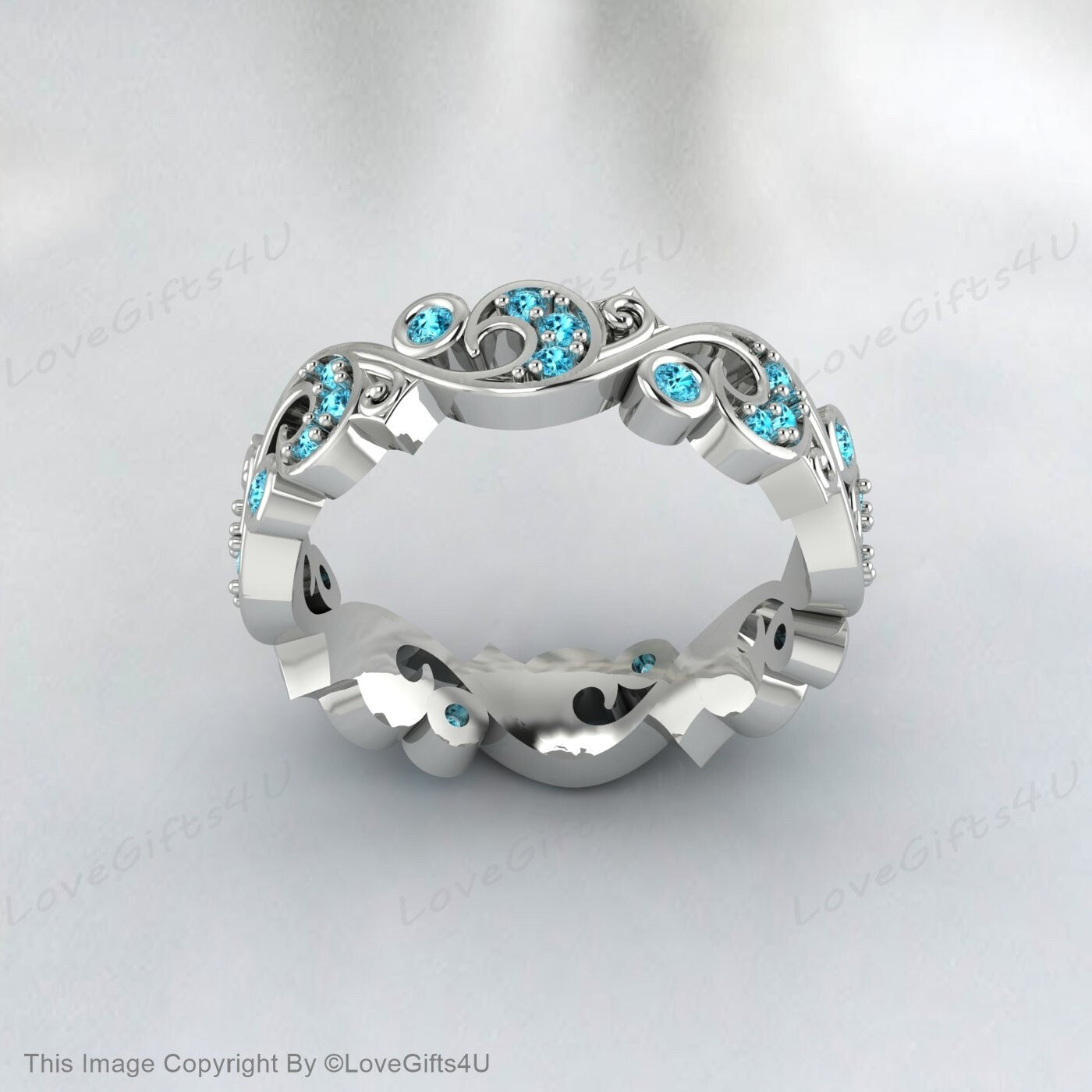 Full Eternity Leaf Vine Natural Blue Zircon Ring Vintage Wedding Band