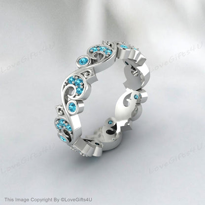 Full Eternity Leaf Vine Natural Blue Zircon Ring Vintage Wedding Band