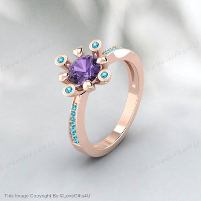 Bague avec pierre de naissance de février en forme de cœur avec améthyste violette et zircon bleu