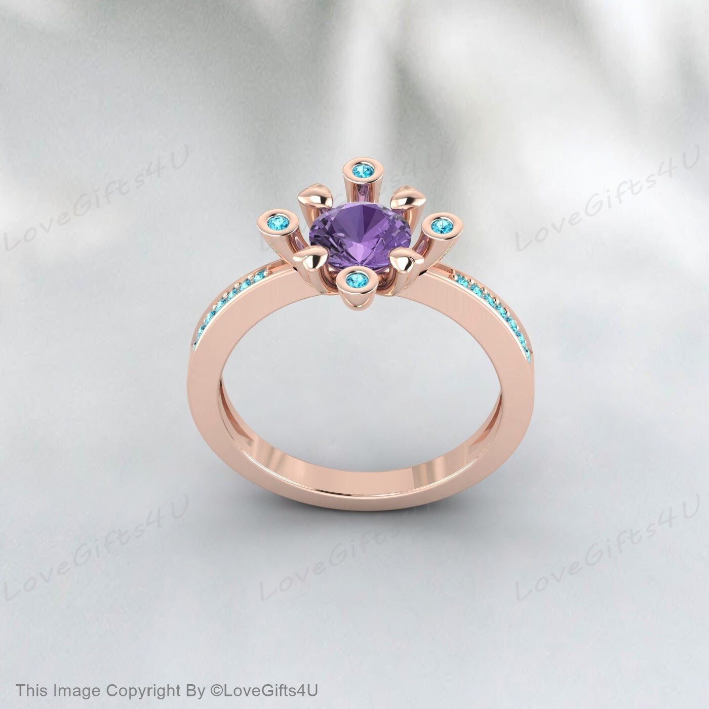 Bague avec pierre de naissance de février en forme de cœur avec améthyste violette et zircon bleu