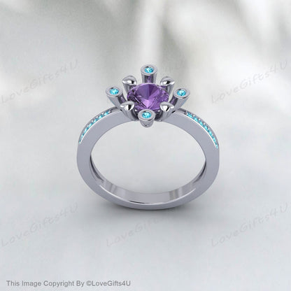 Bague avec pierre de naissance de février en forme de cœur avec améthyste violette et zircon bleu