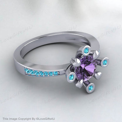 Bague avec pierre de naissance de février en forme de cœur avec améthyste violette et zircon bleu