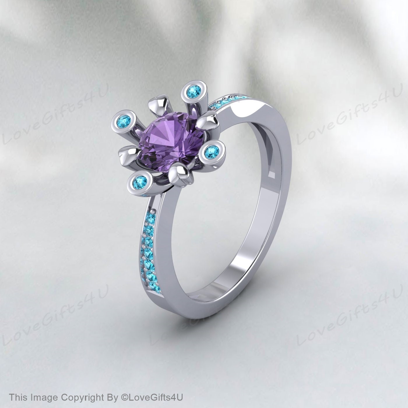 Bague avec pierre de naissance de février en forme de cœur avec améthyste violette et zircon bleu