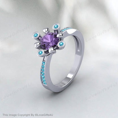 Purple Amethyst Heart Shaped Blue Zircon February Birthstone Ring