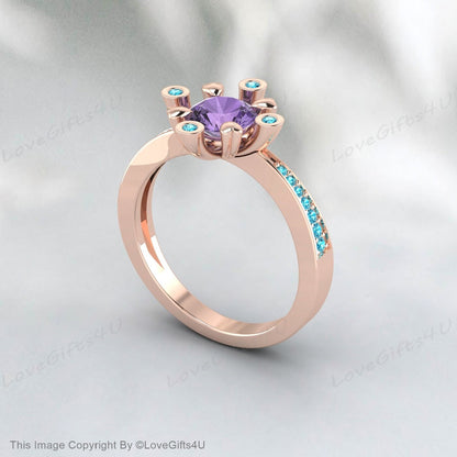 Bague avec pierre de naissance de février en forme de cœur avec améthyste violette et zircon bleu