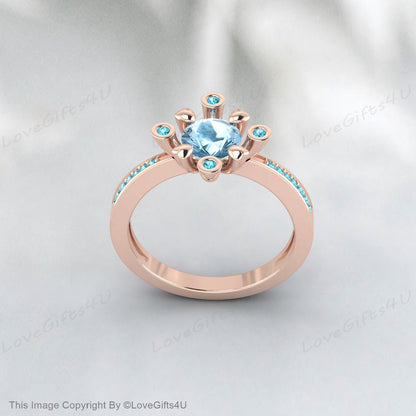 Natural Aquamarine Ring March Birthstone Round Cut Blue Diamond Ring