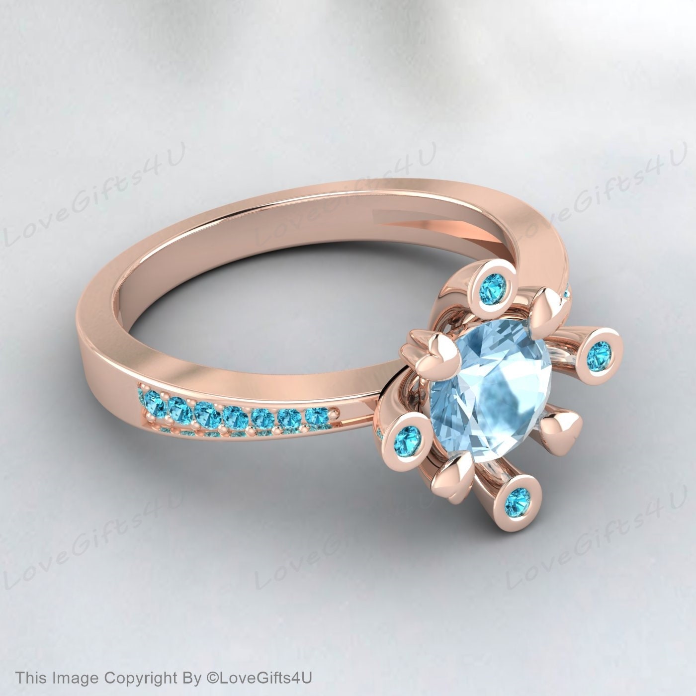 Natural Aquamarine Ring March Birthstone Round Cut Blue Diamond Ring