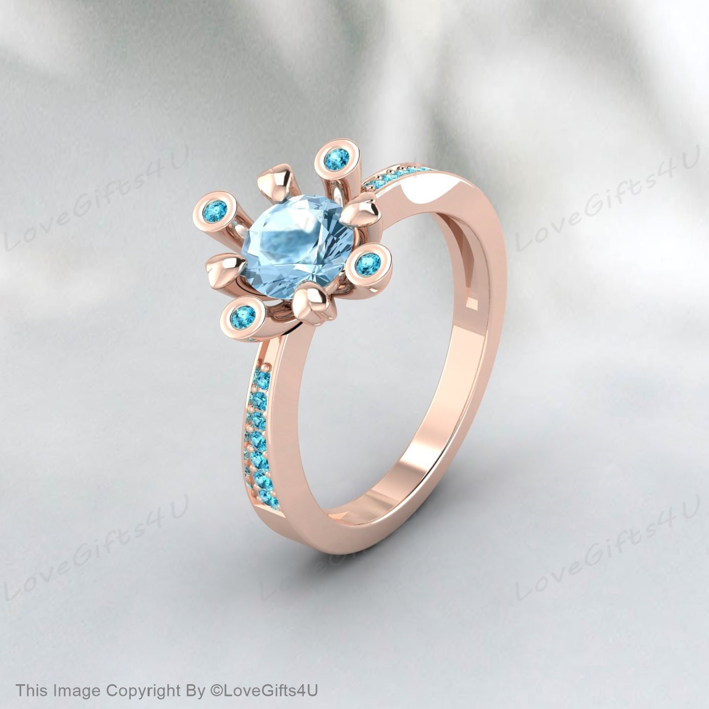 Natural Aquamarine Ring March Birthstone Round Cut Blue Diamond Ring