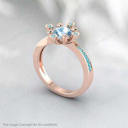 Natural Aquamarine Ring March Birthstone Round Cut Blue Diamond Ring