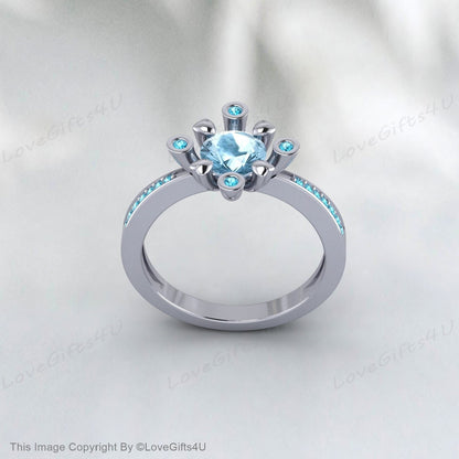 Natural Aquamarine Ring March Birthstone Round Cut Blue Diamond Ring