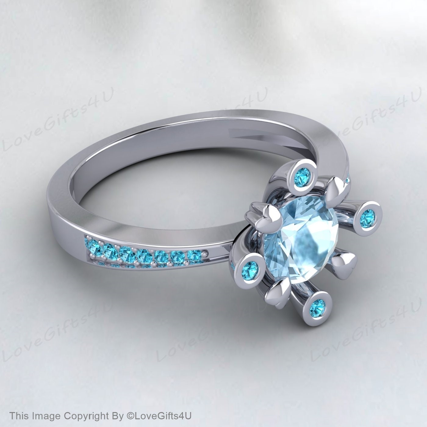 Natural Aquamarine Ring March Birthstone Round Cut Blue Diamond Ring