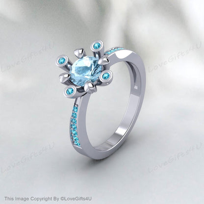 Natural Aquamarine Ring March Birthstone Round Cut Blue Diamond Ring